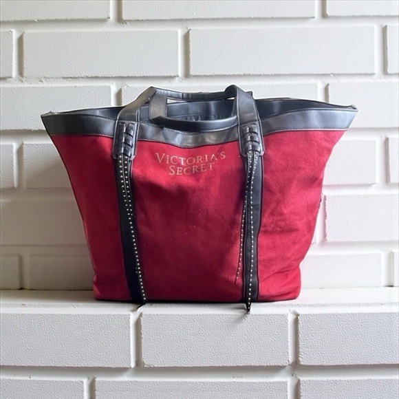 Victoria's Secret Handbags - Victoria's Secret Large Tote Bag Red Canvas Black Trim Bronze Studs New 23" x 13